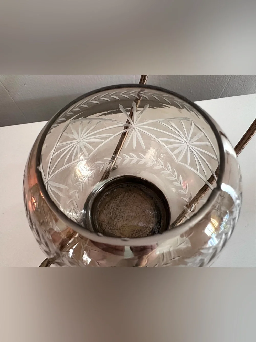 Etched Glass Globe With Distressed Brass Hoop Frame - Candle Holder or Planter
